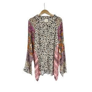 Artistic Works By Lou Leopard Boho Aztec Print Button Front Top Womens 2XL